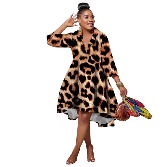 Plus Size Leopard Turn-down Neck Wrist Sleeve Big Swing Blouse Shirt Style Dress - Picture 3 of 4